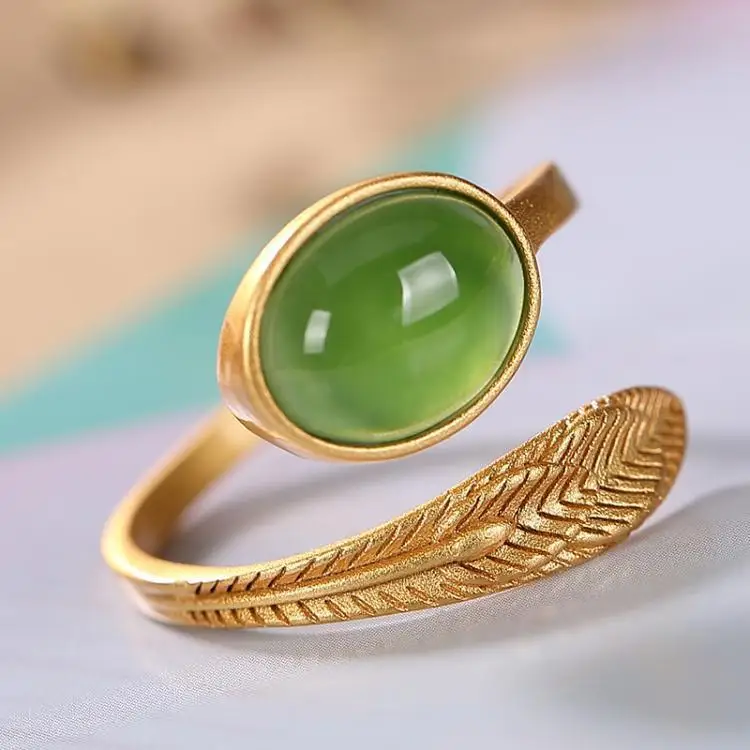 Natural Hetian jade feather ring Chinese style retro creative unique ancient gold craft luxury women elegant silver jewelry | Украшения и