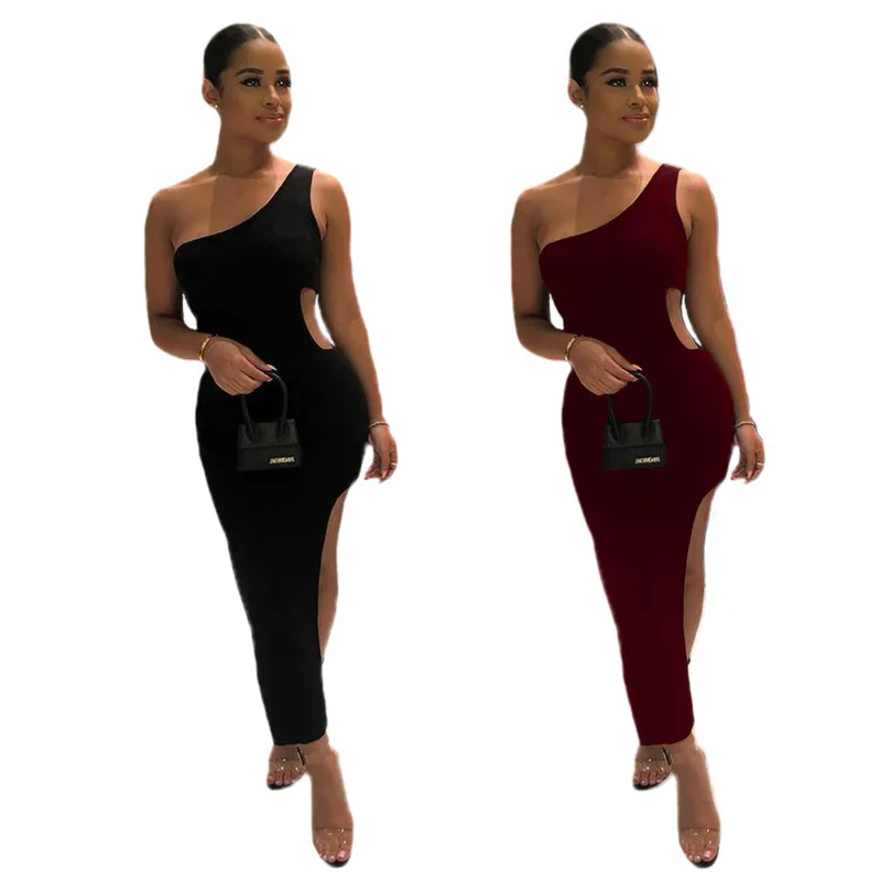 

Summer New Women's Sexy Irregular Solid Color Oblique Shoulder Dress
