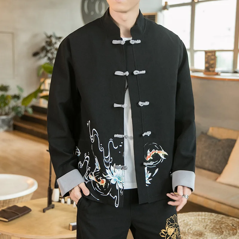 

Autumn Chinese Style Men Print Jackets Stand-up Collar Hanfu Tang Suit Coat Qipao Casual Blouse Zen Tea Shirts Oriental Clothing