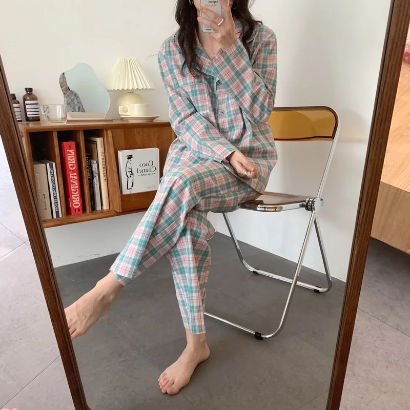 

Alien Kitty Women Vintage Plaid Fashion Spring 2021 Gentle Casual High Quality Korean Loose All Match Femme Pajamas Sets