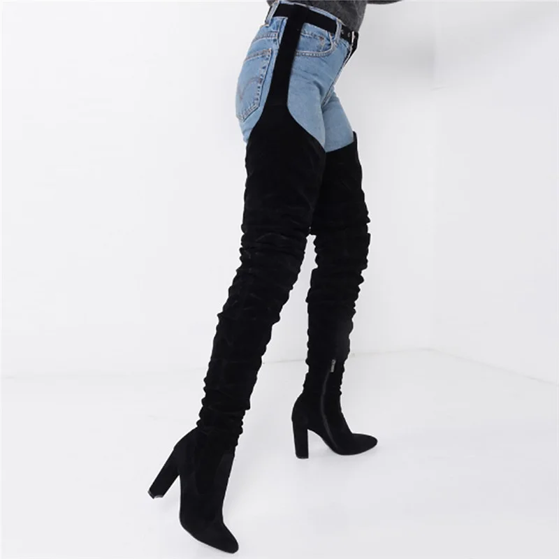 2023 Sexy Belt Thigh High Boots Female Winter Chunky Heels Suede Big Size 43 Women Over The Knee High Lady Fashion Shoes
