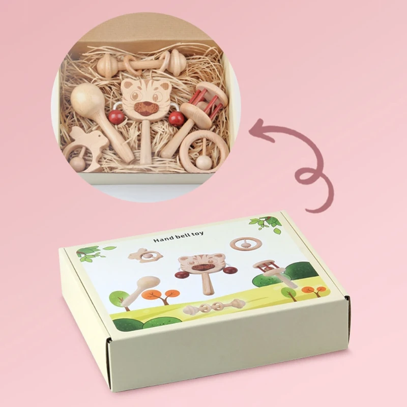 

6 Pcs Natural Wooden Teether Rattles Gym Intellectual Puzzle Set Montessori Toys