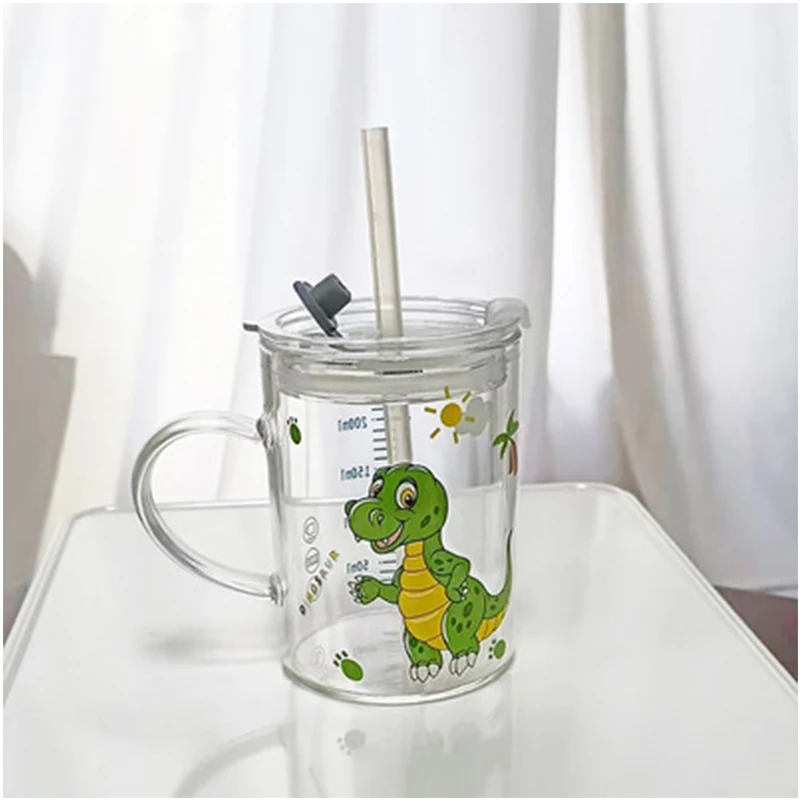 

Cartoon Animal High Boron Glass Scale Water Cup Transparent Printing Handle Scale Coffee Milk Cups Children'S Straw Mug