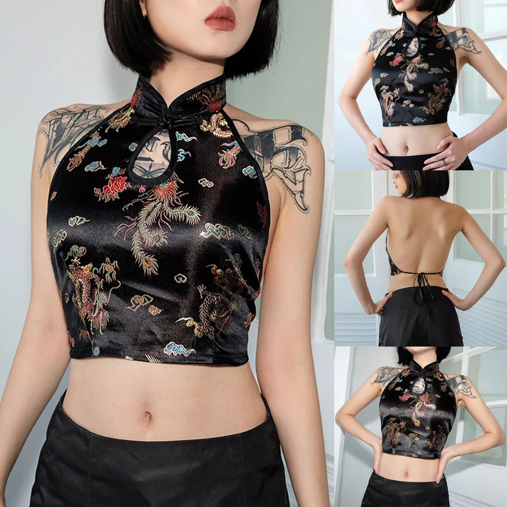 Винтажный укороченный топ с вышивкой дракона женский летний кружевной на