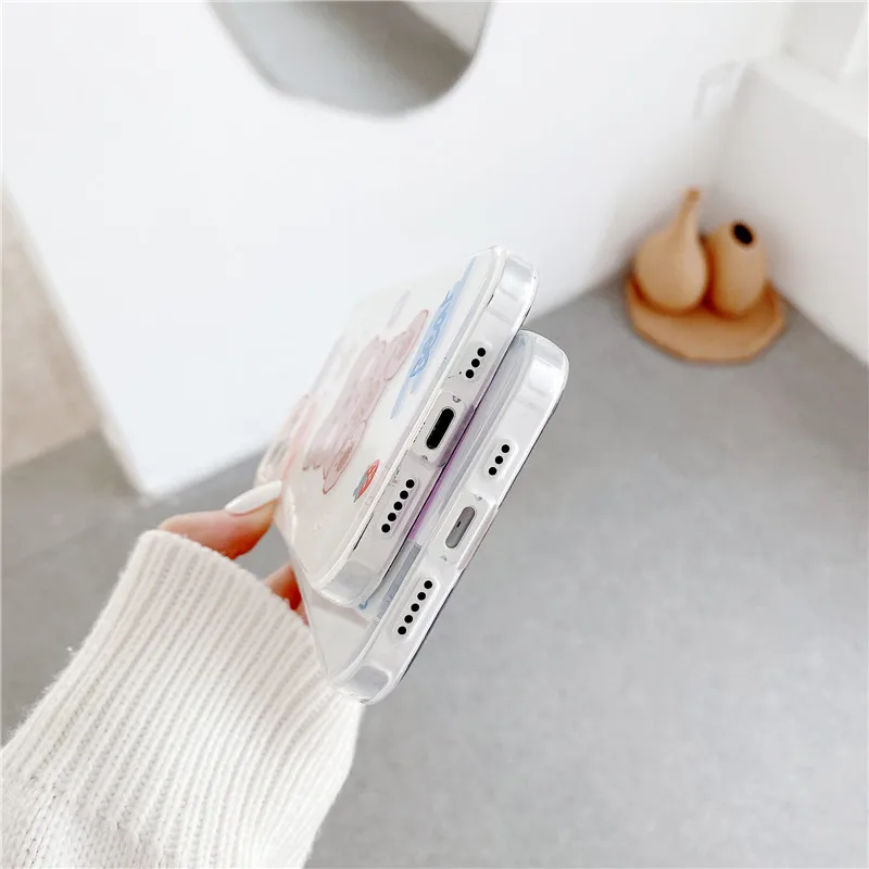 

Phone Case For iPhone 12 Mini 11 Pro Max XR XS Max 7 8 Plus X Cute Cartoon Milk Tea Bear Rabbit Side Printing Clear Cover Coque