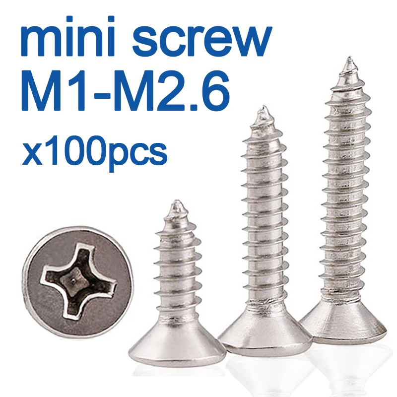 100 шт./лот M1 M1.2 M1.4 M1.7 M2 M2.6 Mini 304 саморезы из нержавеющей стали с плоской потайной