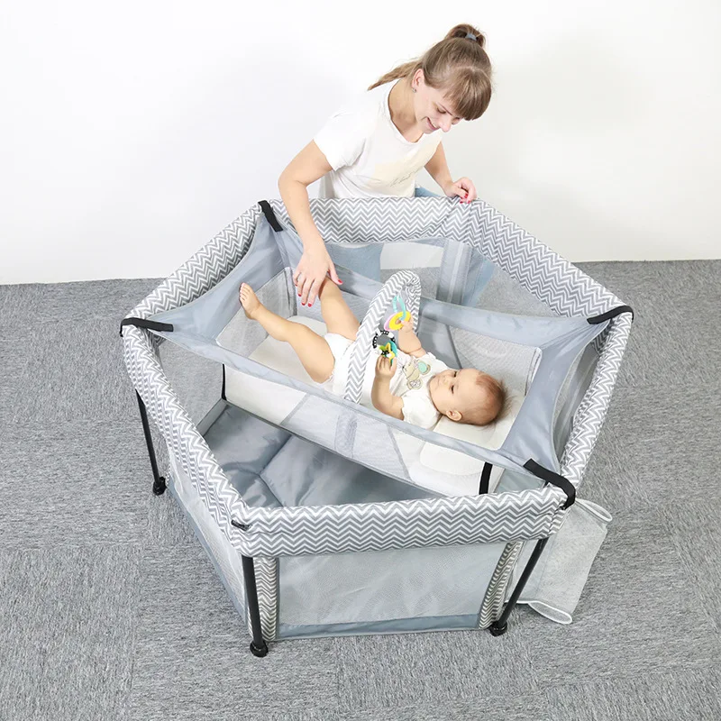 LazyChild Baby Portable Crib Mesh Playpen Bed Dual-purpose Baby Toddler Crawling Hexagonal Folding 0-2 Years Old Two-layer Crib