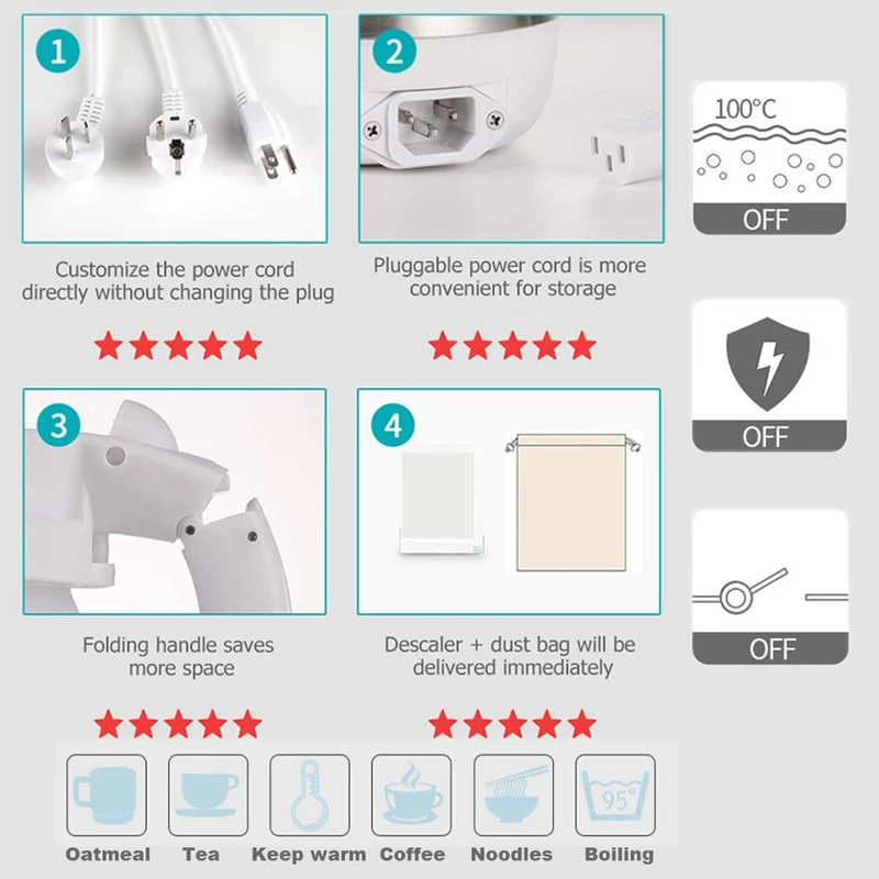 

Travel-Type Foldable Ultra-Thin Upgrade Electric Kettle, Power Cord Handle Automatically Shifts US Plug