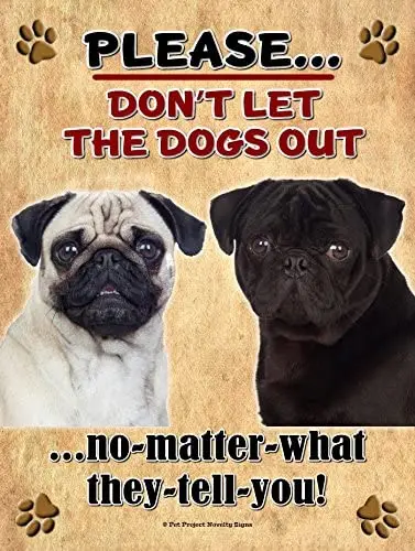 

Black Pug and Brown Pug - Don't Let The Dogs Out... 9X12 Realistic Pet Image New Aluminum Metal Outdoor Dog Pet Sign. Will Not