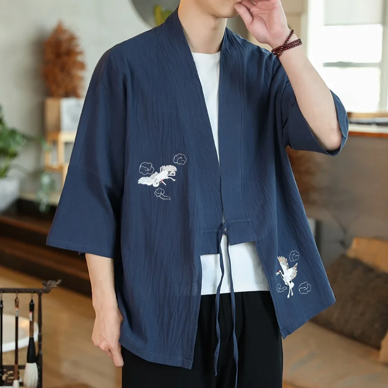 

2021 Summer Men'S Cotton Kimono Cardigan Outerwear Coat Fashion Streetwear Chinese Style Loose Male Jackets Asian Clothes KK3525