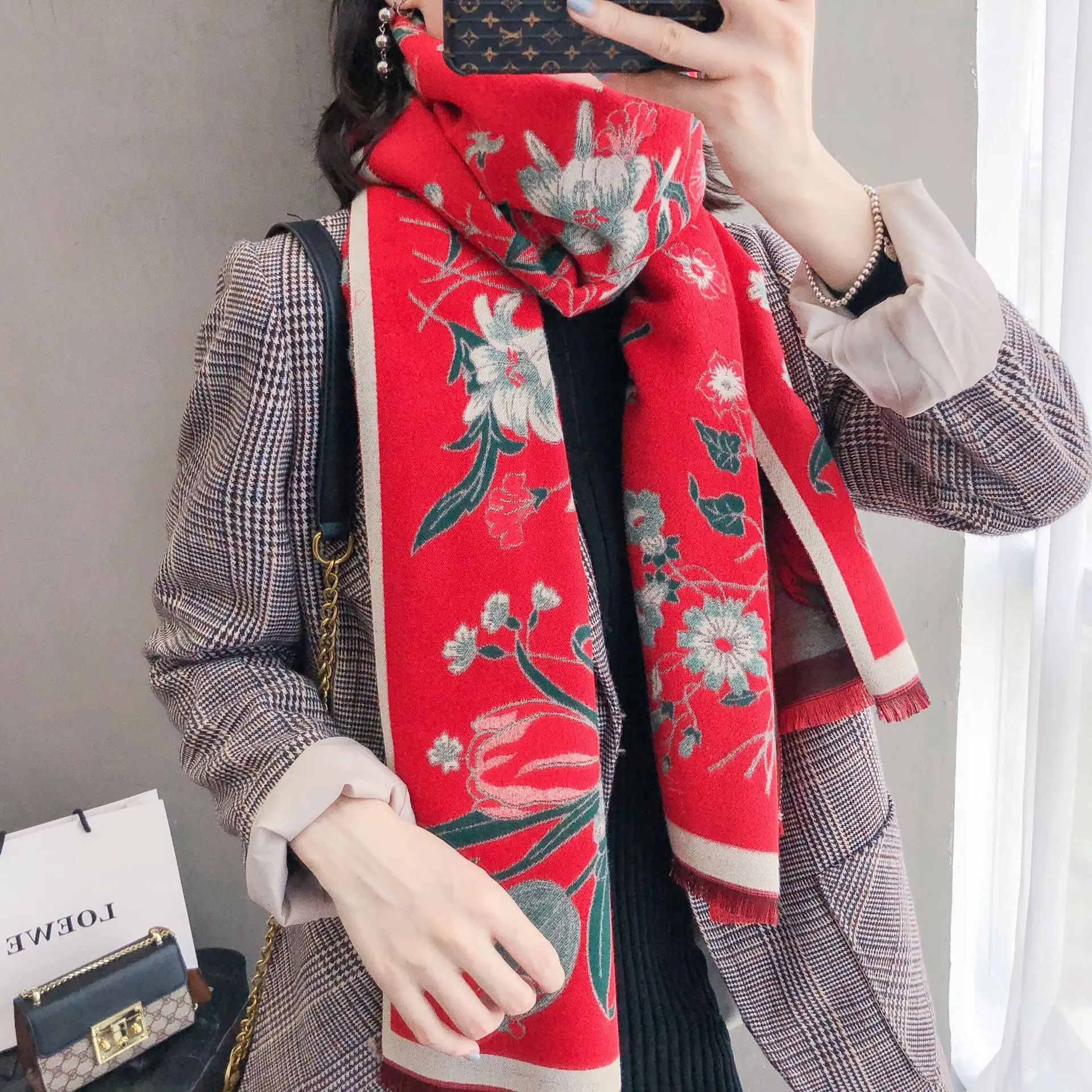 Женский кашемировый шарф с цветочным принтом, элегантная Толстая теплая двухсторонняя шаль и шарф из пашмины, зима 2019 от AliExpress WW