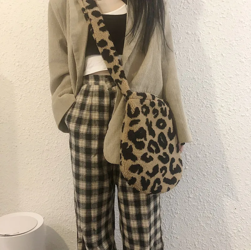 

Korean Vintage Leopard Crossbody Bag Autumn Winter Lamb Plush Shoulder Bags Female Student Casual Postman Women Bag Satchels