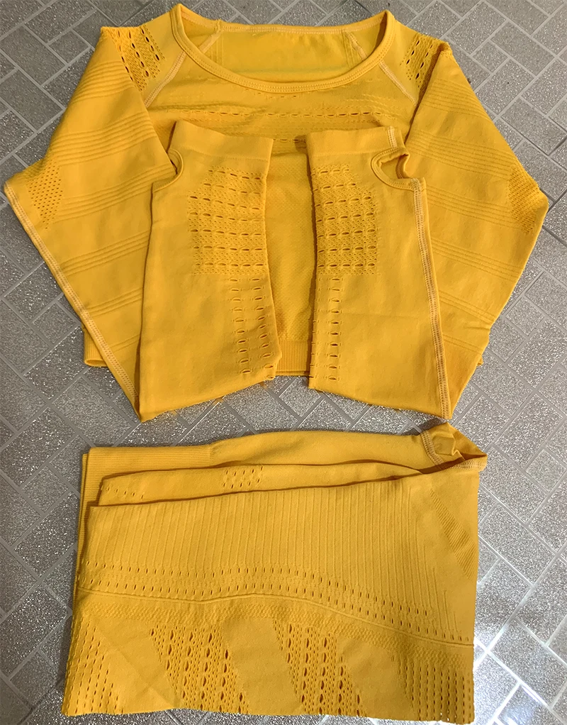 Yellow sets Женский бесшовный набор для фитнеса с высокой талией, энергетический спортивный костюм, спортивные сетчатые леггинсы, рубашки, спортивный костюм с длинными рукавами, спортивные комплекты для бега - Цвет: Yellow sets