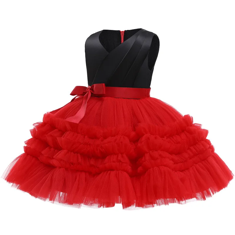 Girls Christmas Dress Contrast Stitching Cake Skirt  Floral Lace Elegant Mesh Outfits New Year Vestido Infantil Girls Lace Dress