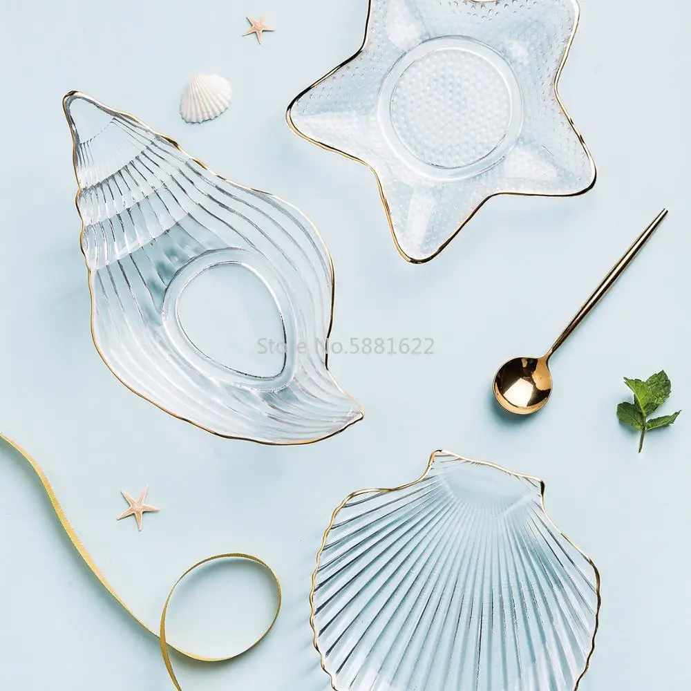 Transparent Glass Salad Bowl Stars Conch Dessert Snack Rice Fruit Vegetable Gold-Edged Kitchen Tableware | Дом и сад