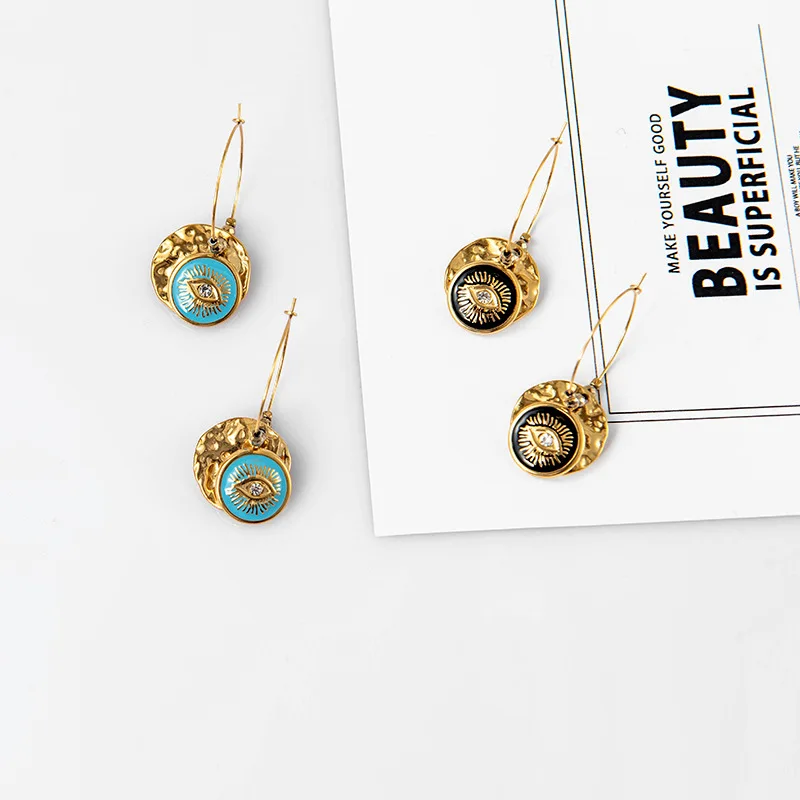 

Vintage Statement Round Circle Hoop Earrings For Women Stainless Steel Black Blue Enamel Eyes Earrings Jewelry 2021 Trend