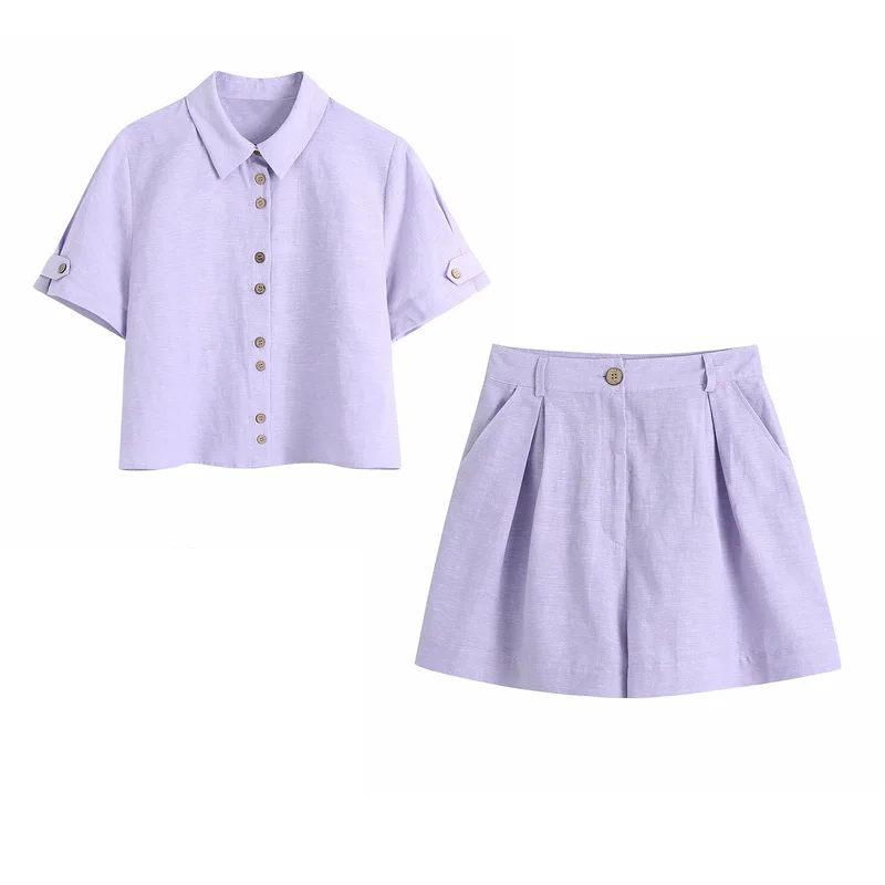

Women Summer Casual Solid Suits 2-piece sets 2021 ZA Short Shirts Tops and Shorts Female Holiday style Elegant Sweet Clothes