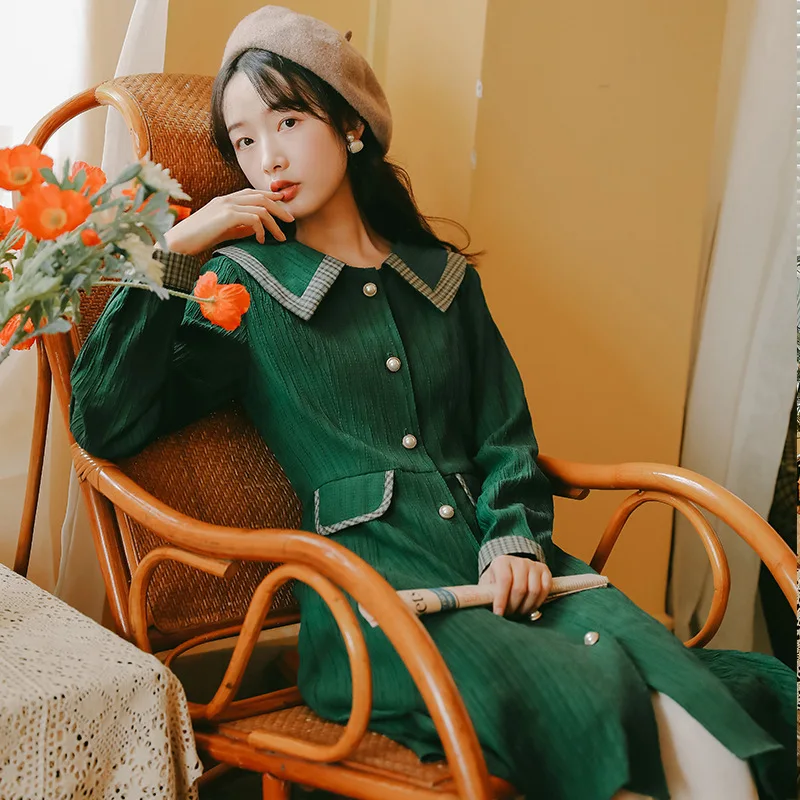 Женское платье с длинным рукавом винтажное в клетку во французском стиле