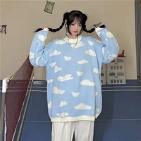 houzhou autumn winter blue knitted sweater korean fashion streetwear kawaii preppy style pullovers casual oversized female tops