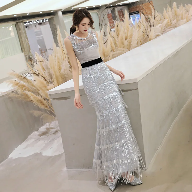 

Bling Mermaid Chinese Sexy Sequins Oriental Party Female Stage Show Tassel Qipao Elegant Celebrity Evening Dress Banquet Dresses