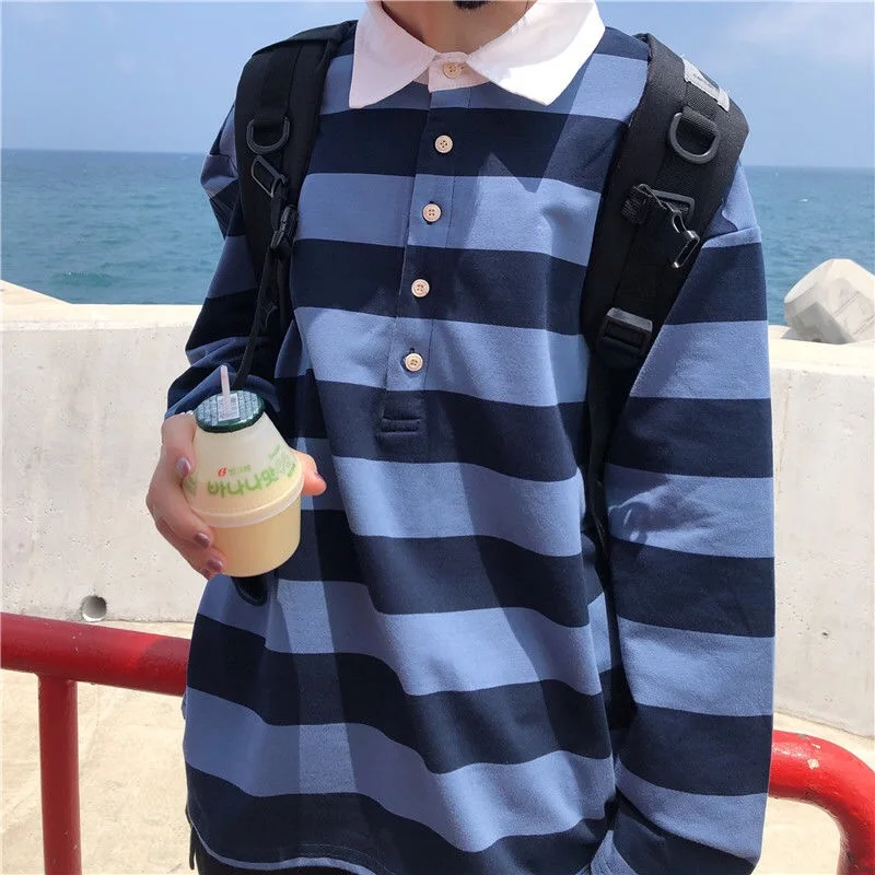 

Polo Collar Hoodies Women Striped Sweatshirt Korean 2021 Spring Autumn Vintage Loose Casual Oversized Top Harajuku Long Sleeve