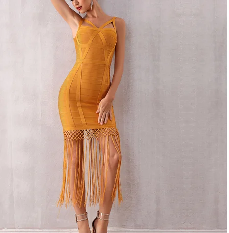

2022 New Summer Women Tassel Bandage Dress Vestidos Sexy Sleeveless Fringe Bodycon Club Midi Celebrity Evening Party Dress