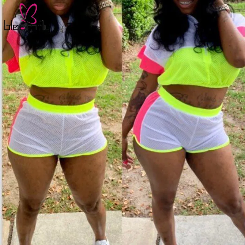 Сетчатая прозрачная Женский комплект 2 шт. с отложным воротником короткий рукав