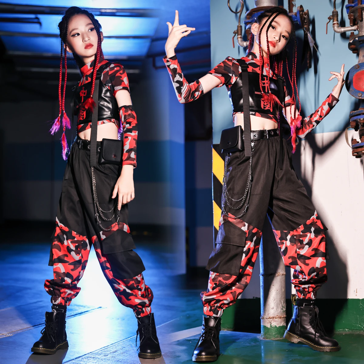 

2021 Hip Hop Kids Street Dance Clothes Girls Red Camouflage Dance Costume Jazz Performance Stage Wear Tide Hip Hop Suit DNV15173