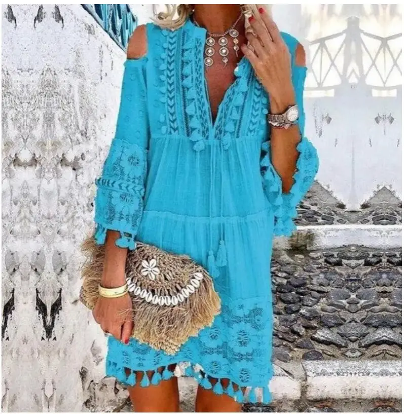 Женские Цельнокройное платье с коротким рукавом 3/4 Длина рукава бахромой