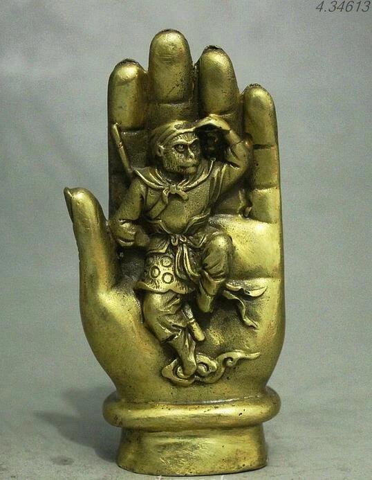 Народный китайский миф латунь Татхагата Будда рука Солнце У Конг статуя Короля