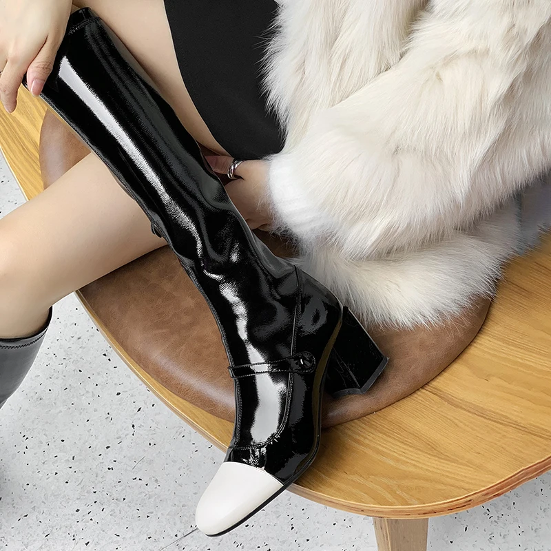 

Mixed colors Genuine Leather Women Knee High Boots thick high heels square toe party Shoes Woman Basic Tight Long boots woman