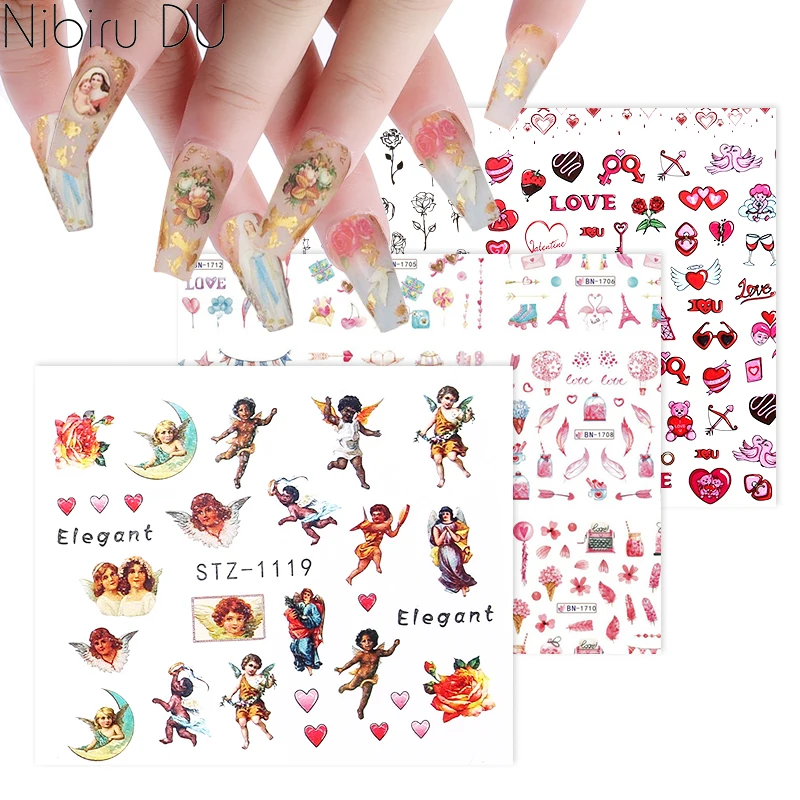 

Наклейки для ногтей дизайнер Ангел Дева Мэри Купидон День Святого Валентина Переводные татуировки наклейки слайдеры 3D для дизайна ногтей