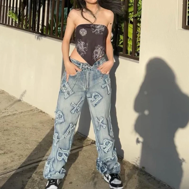 

Ripped Patchwork Retro Streetwear Denim Jeans Women Baggy Straight Leg Pants Mom Harajuku High Waist Cargo Jeans Y2K