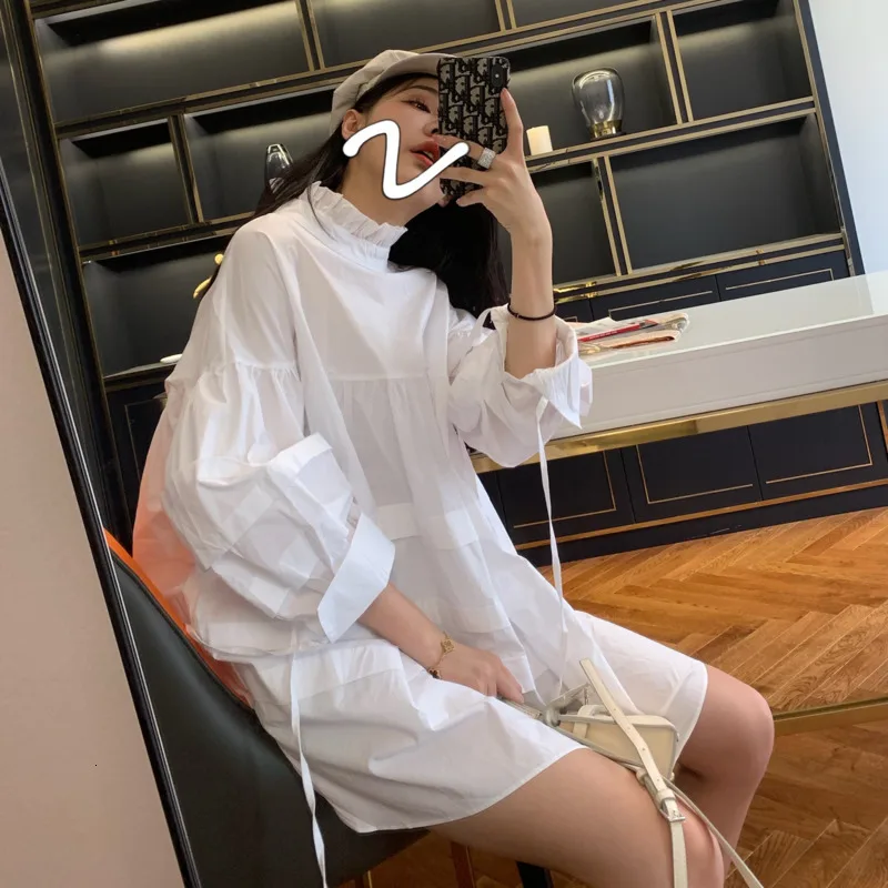 Женское Свободное платье с рукавами фонариками DEAT белое прямое свободного