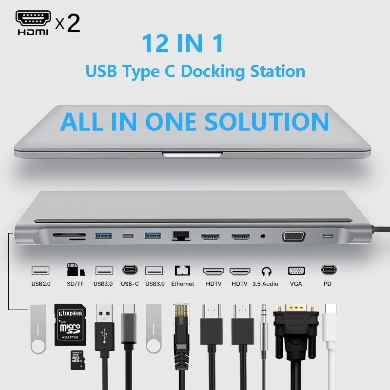12-In-1 Type-c Adapter USB Dock USB hub Laptop Docking Station Dual HDMI Network Ports Docking Station Sd/Tf Card Reader Hub