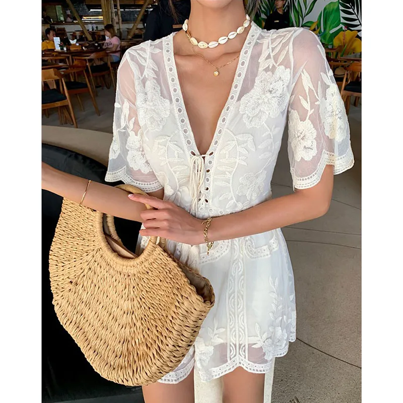 

Ordifree 2021 Summer Women Sexy Playsuit Jumpsuits Rompers Short Sleeve Overalls Sexy Transparent White Lace Playsuit