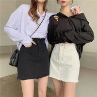 summer womens korean large size frayed high waist thin denim skirt a line skirt short skirt
