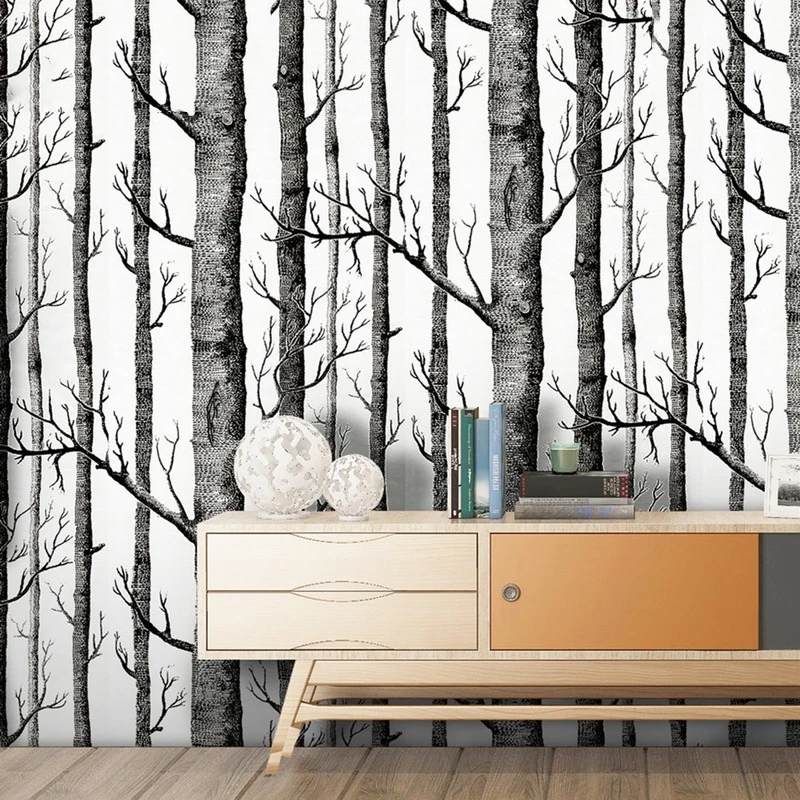 

Modern Simple Black and White Birch Wood Wallpaper Waterproof Self Adhesive Porch PVC Decoration for Living Room for The Walls