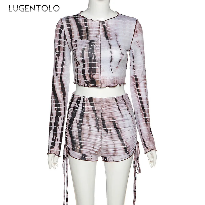 

Lugentolo Autumn Women 2 Piece Set New Long Sleeve Round Neck Printed T-shirt Tops High Waist Hip Pencil Shorts Casual Sets