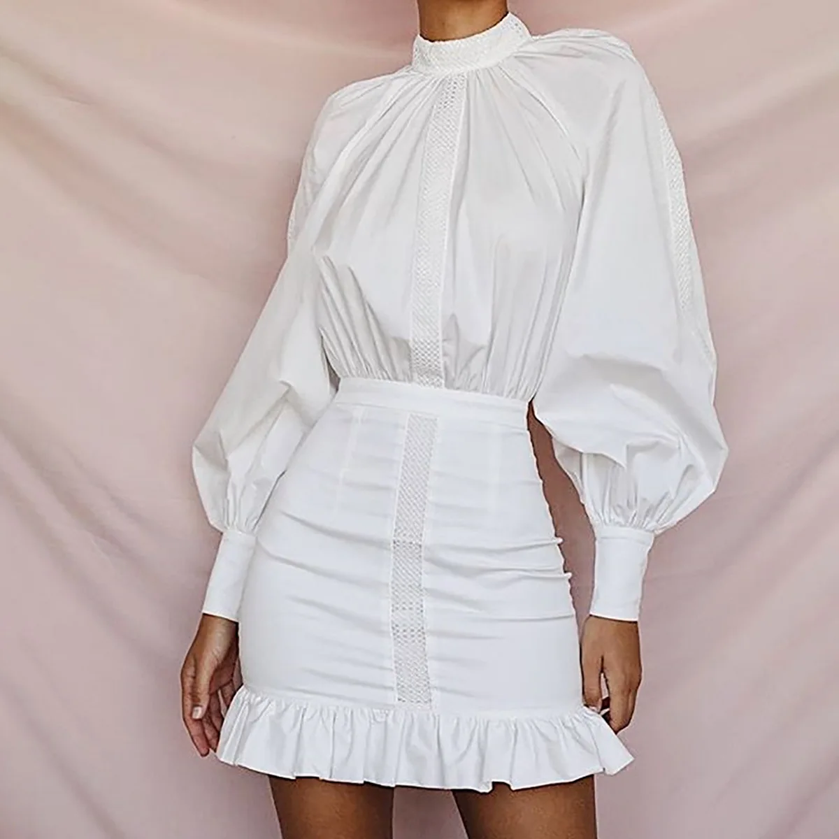 

2020 Spring Long Puff Sleeve O Neck Backless Hollow Out Slim Sexy White Cotton Short Mini Dress Women