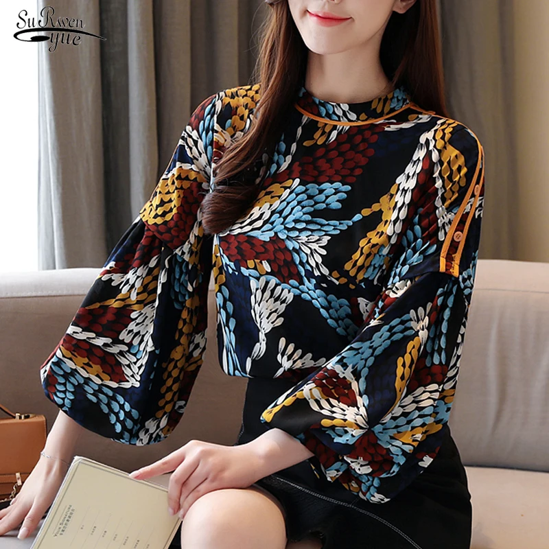 

Blusas Korean Stye Women Long Sleeve Print Shirt Vintage O-neck Women Tops and Blouse Elegant Puff Sleeve Clothes 8349 50