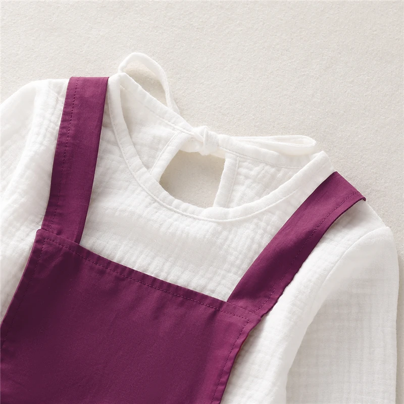 2 Piece Set Toddler Kids Baby Girls Clothes Long Sleeve White T-shirt+Purple Overall Skirt Fashion Casual Outfit Autumn | Детская одежда