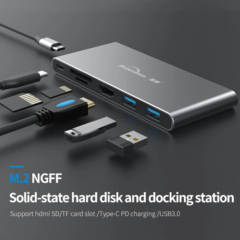 

Blueendless M.2 SSD Корпус SATA NGFF к USB Type C адаптер с 4K HDMI, 2 USB3.0, кардридер SD/TF, 60 Вт PD 3,0 порт концентратор