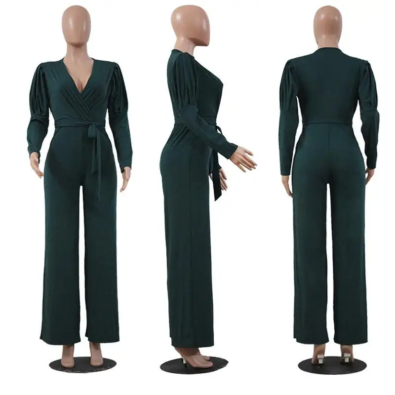 

Office Lady Elegant Wide Leg Jumpsuits Women Autumn Solid Color Rompers Belted Waist Sexy V Wear Playsuits Long Pants Aimee23