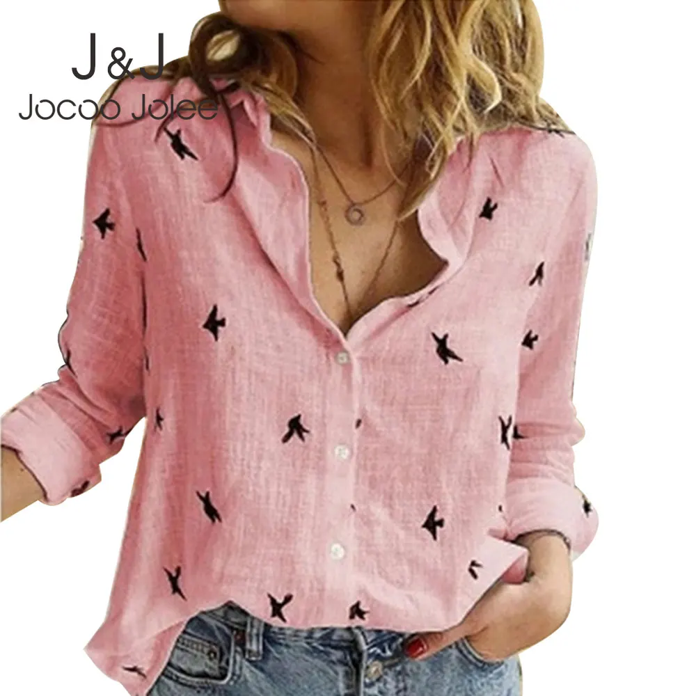 

Jocoo Jolee Women Cotton and Linen Blouse Spring Summer Long Sleeve Birds Print Loose Shirts Vintage Streetwear Tops Tunic
