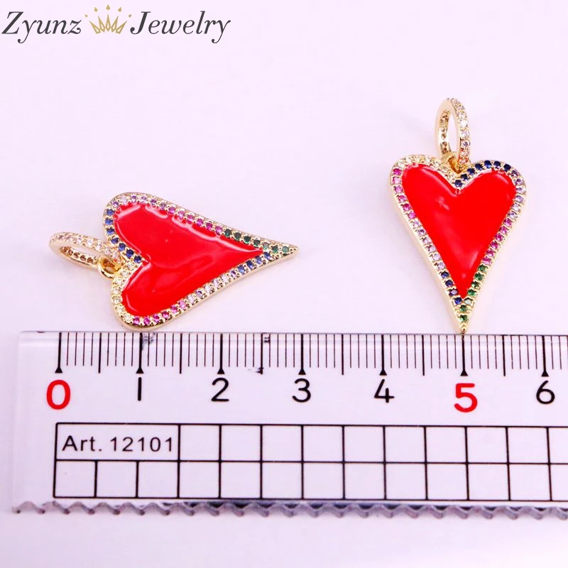 

10PCS, Fashion Red Enamel Crystal Heart Charm Pendant Necklaces Golden Jewelry Rainbow CZ Micro Pave Pendants Necklace For Women