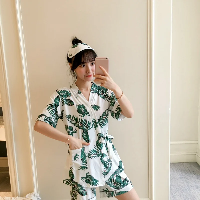 

New European And American Home Clothes Pajamas Wear Short-sleeved Suits Female Casual Ice Silky Slipper Ladies 2020 Summer