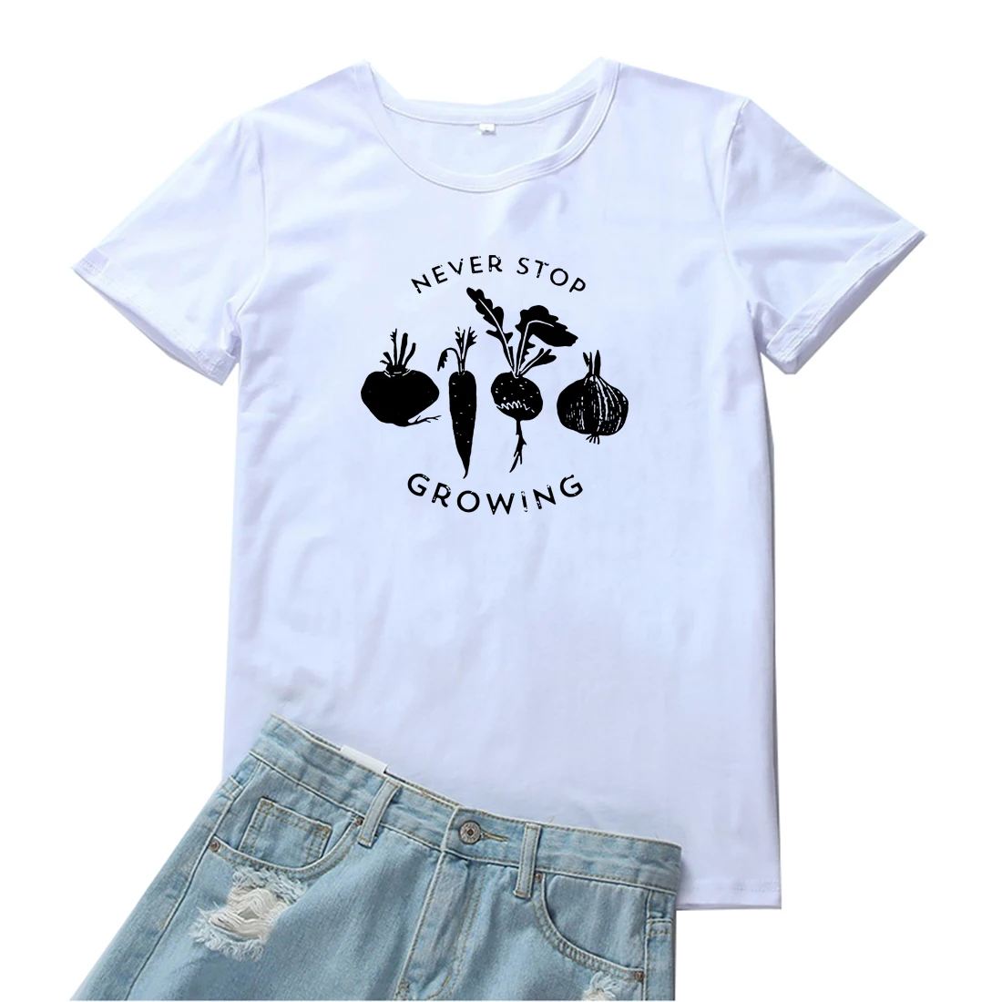 

Футболка женская хлопковая с круглым вырезом и принтом овощей