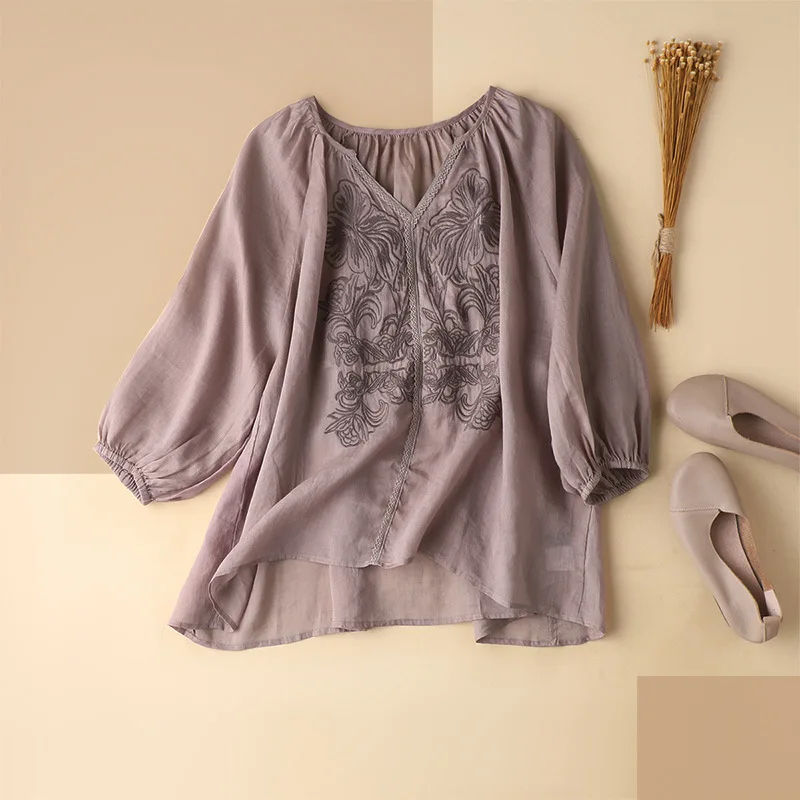 

SHUCHAN Bohemian Embroidery Blusas Femininas Ramie V-Neck Womans Tops with Lantern Sleeve Thin Women Blouses Oversized