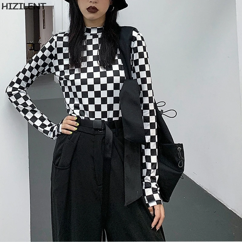

Пикантная черно-белая клетчатая Шахматная футболка, винтажные женские топы, Женская Базовая футболка с круглым вырезом и длинными рукавами...